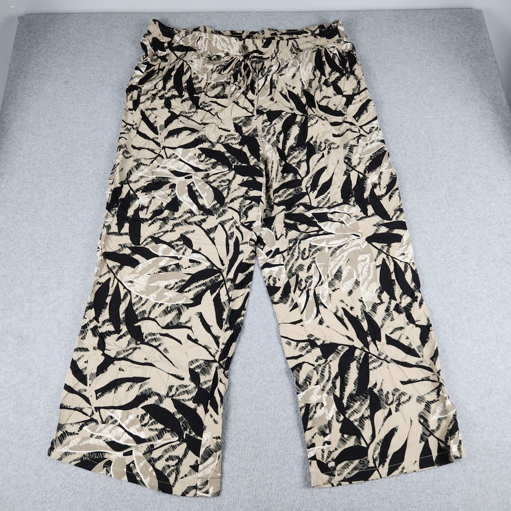 Royalty For Me Pants Womens 2X Beige Black Tropical Leaf Wide Leg Drawstring‎